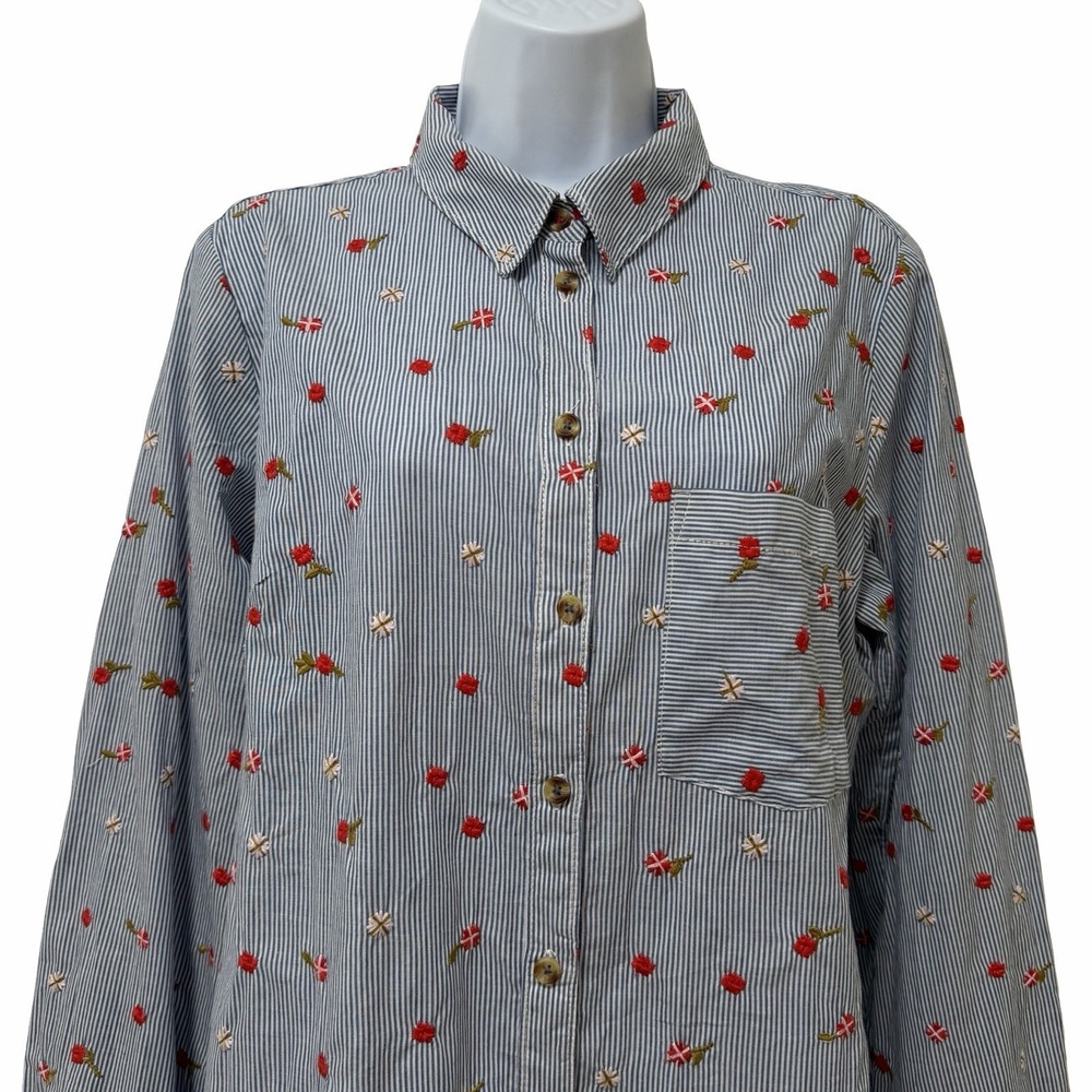 Anthropologie Maeve Embroidered Floral Stripe Button Up Shirt Size 14 Blue White - Picture 3 of 9